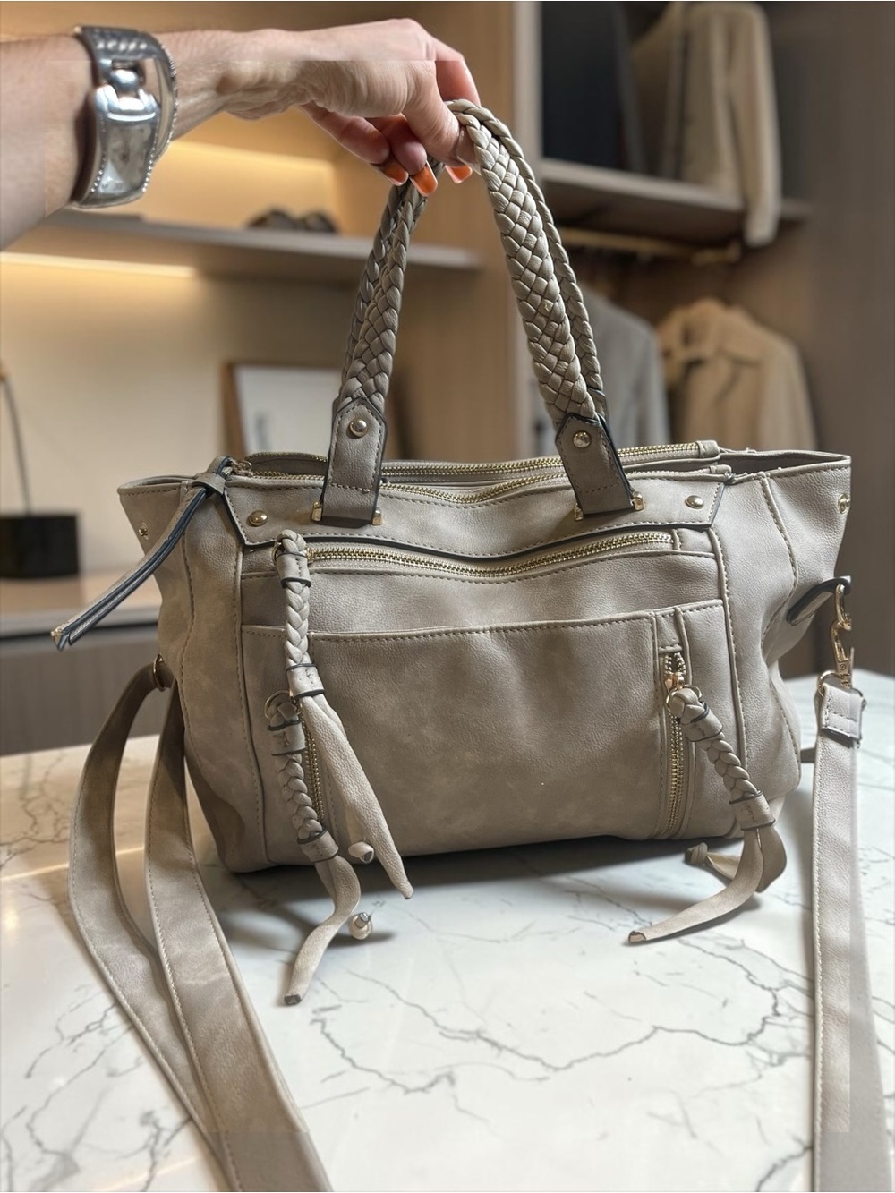 Angel Kiss Taupe Hobo Shoulder Bag Braided Strap Multi Pocket Purse